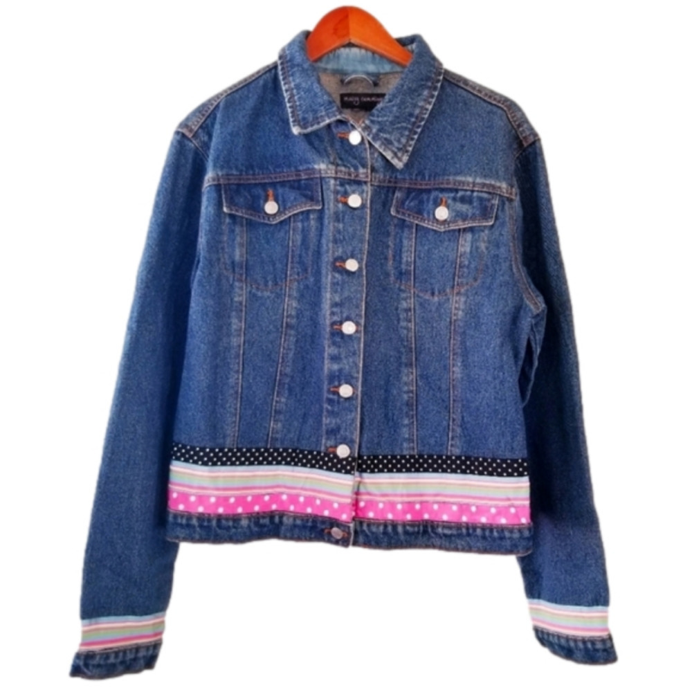 Vintage 90's Denim Jacket With Colourful Ribbon Details Size Medium Cotton